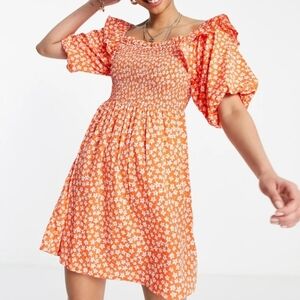 Influence Frill Detail Mini Dress in Orange Ditsy Floral